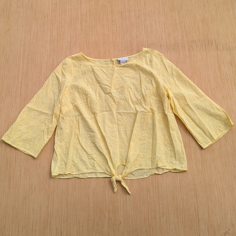 Liz Claiborne Blouse Yellow Cotton Embroidered Eyelet Cottage Boho Women's Large